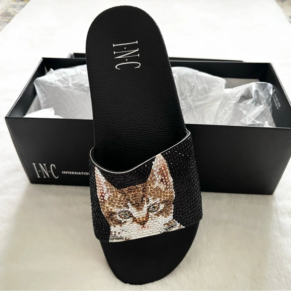 INC Cat Graphic Rhinestone Peymin Round Toe Platform Slip On Slide Sandals 10_4